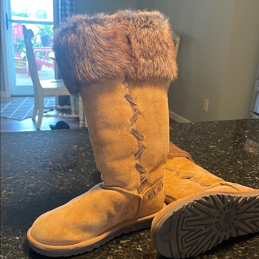 UGG Tan Suede Boots with Fur Trim